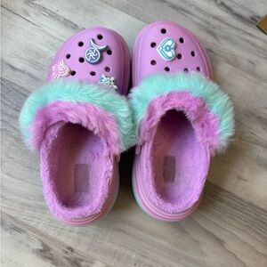 Crocs-Purple Fuzzy Clog Slip-Ons with Teal Fur Trim